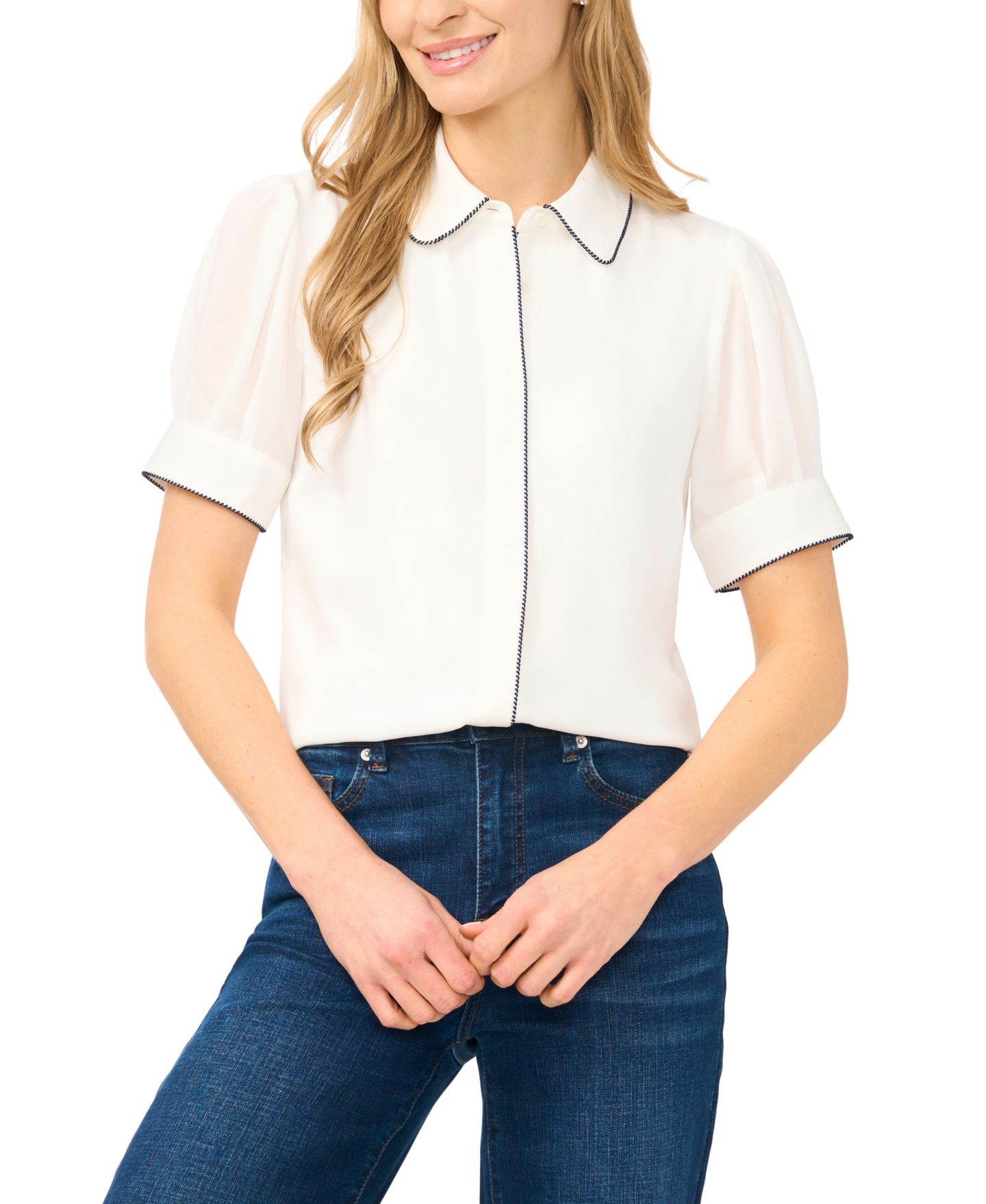 Женский топ CeCe Short-Sleeve Button-Up Top, цвет: Слоновая кость — фото 1