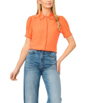 Women's Scalloped Puff-Sleeve Button-Front Top
