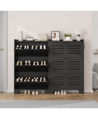 Slim Shoe Cabinet with 2 Flip Drawers and Side Hooks, Deep Entryway Storage