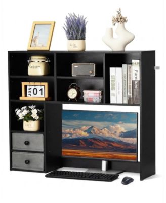 3-Tier Wood Desktop Bookshelf Storage Organizer with Fabric Drawers for Office