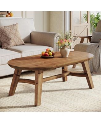 Solid Wood Coffee Table, 47" Real Wood Living Room Table, Pine Oval Coffee Table