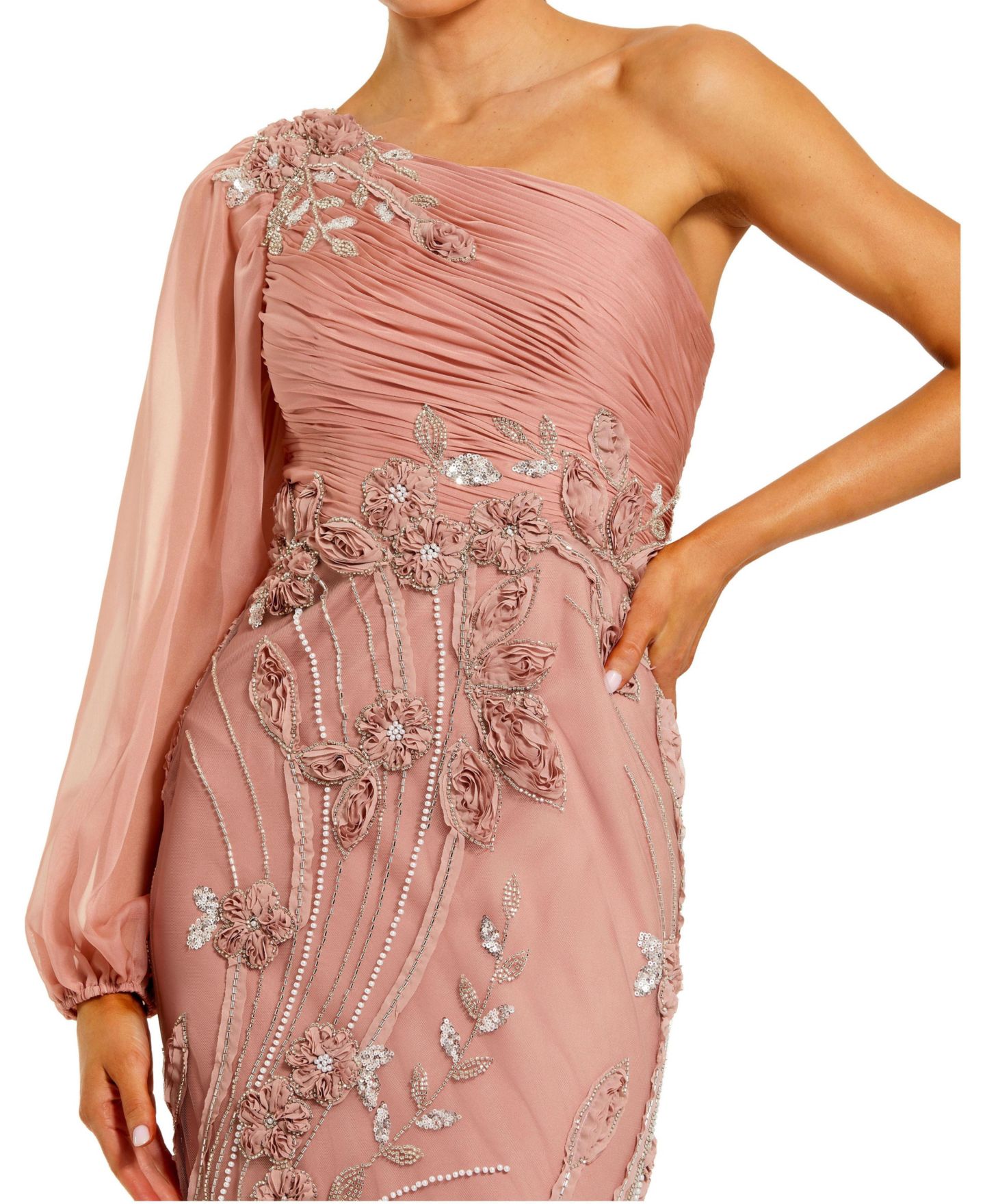 Женские платья Mac Duggal Chiffon Gown with Embroidered Floral Skirt, цвет: Мокко — фото 3