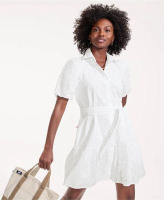 Women's Elbow Sleeve Eyelet Knee Length Shirt Dress