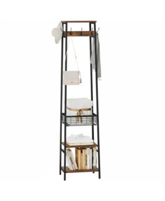 Freestanding Hall Tree Coat Rack 7 Hooks 3 Shelves Industrial Style