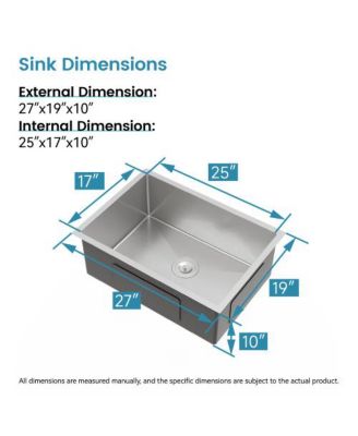 27 x 19 Inch Stainless Steel Kitchen Sink Single Bowl Undermount Handmade Brushed Nickel with US Standard Drain and Hook