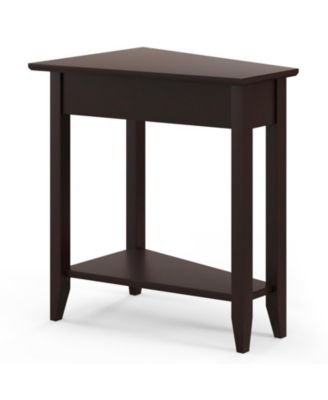 2-Tier Wedge Narrow End Table with Storage Shelf and Solid Wood Legs