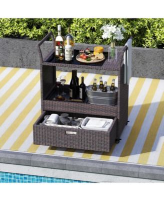Outdoor Wicker Bar Cart with Tempered Glass Top