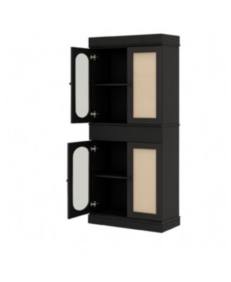 Rattan Kitchen Pantry Cabinet with Doors and Adjustable Shelves