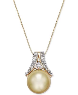 Macy's - Cultured Golden South Sea Pearl (12mm) and Diamond (1/3 ct. t.w.) Pendant Necklace in 14k Gold
