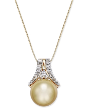 image of Cultured Golden South Sea Pearl (12mm) and Diamond (1/3 ct. t.w.) Pendant Necklace in 14k Gold
