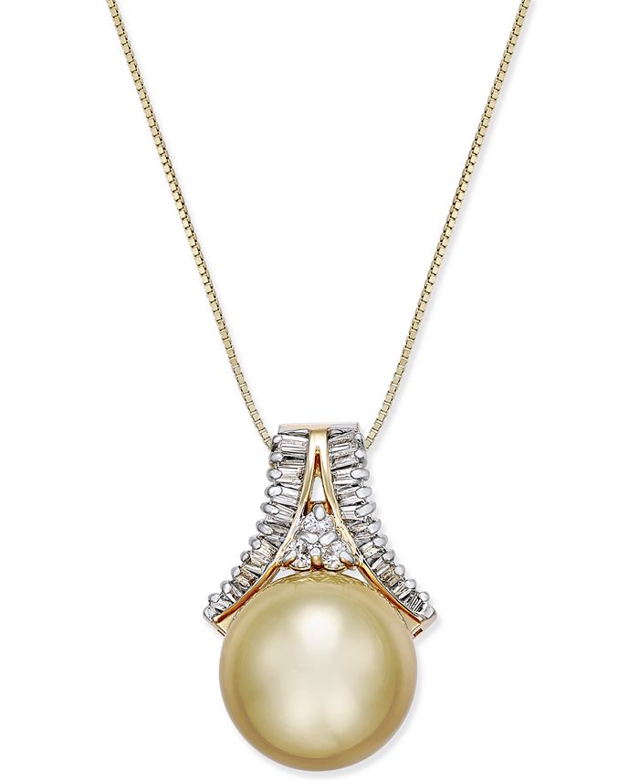 Macy's - Cultured Golden South Sea Pearl (12mm) and Diamond (1/3 ct. t.w.) Pendant Necklace in 14k Gold