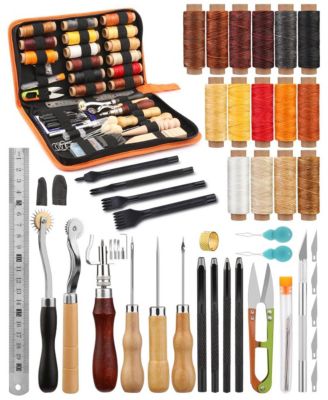 66 Pcs Leather Working Tools Kit Waxed Thread Groover Awl Stitching Punch Hole Beginner Craft Gifts