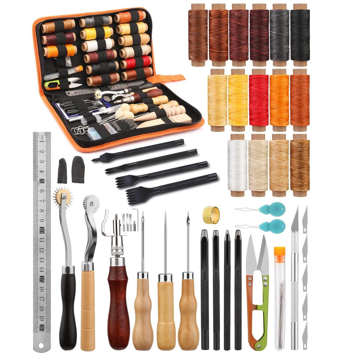 Gnuadz 66 Pcs Leather Working Tools Kit Waxed Thread Groover Awl Stitching Punch Hole Beginner Craft Gifts - Assorted pre-pack