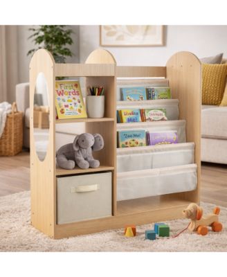 Kids Toy Storage Organizer with 4-Tier Sling Bookshelf and Full-Length Mirror