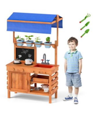Wooden Pretend Play Kitchen with Adjustable Canopy for Kids