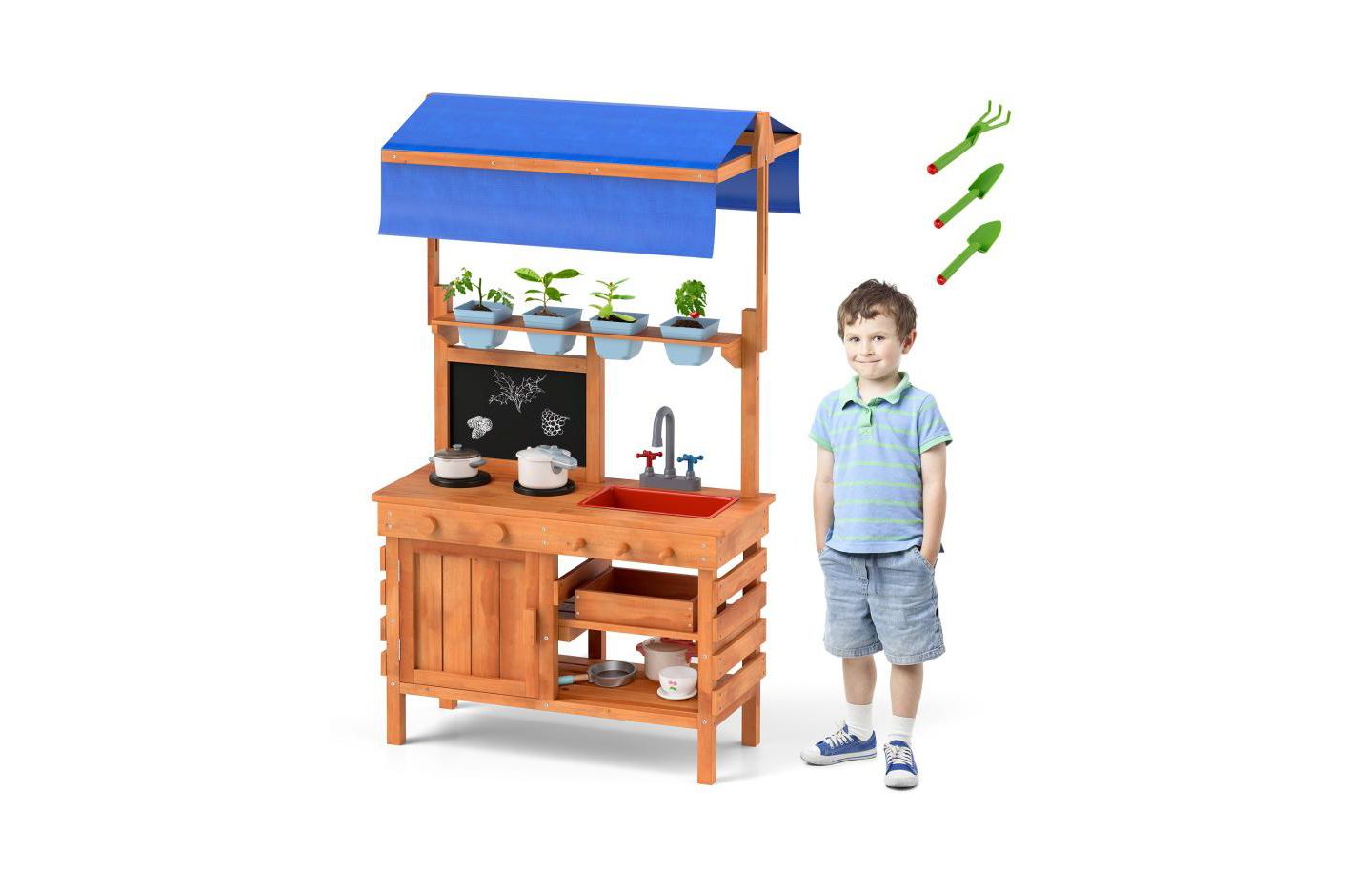 Детская игрушка HONGGE Wooden Adjustable-Canopy Pretend Play Kitchen with Accessories, Ages 3+, цвет: Натуральный — фото 2