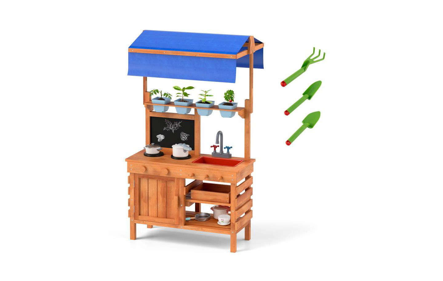 Детская игрушка HONGGE Wooden Adjustable-Canopy Pretend Play Kitchen with Accessories, Ages 3+, цвет: Натуральный — фото 1