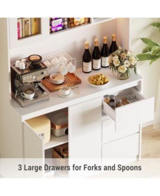 Tall Kitchen Pantry Cabinet with LED Lights Power Outlets Microwave Stand Glass Door Adjustable Shelves Handleless Design