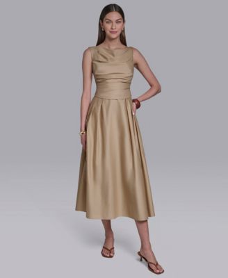 Women's Boat Neck Sleeveless Pleated Midi Dress