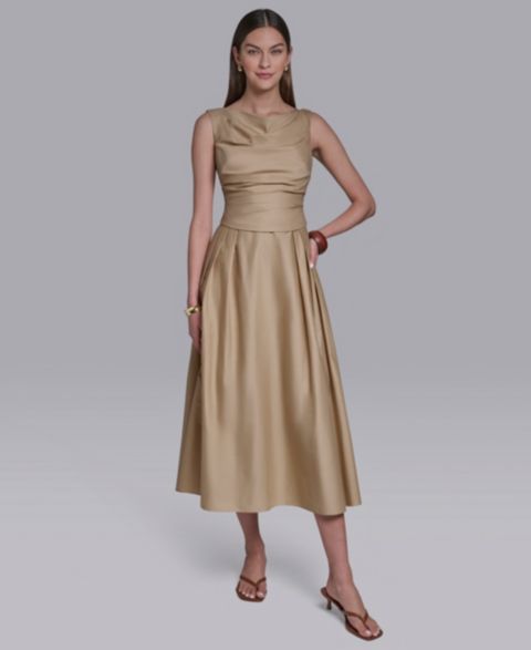 Женское платье Halston Boat Neck Sleeveless Pleated Midi, цвет: Бежевый хаки