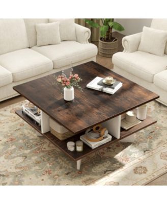 2-Tier Square Coffee Table with 4 Storage Compartments