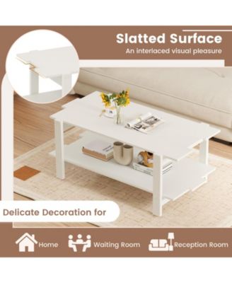 45-Inch 2-Tier Slatted Wood Coffee Table with Shelf