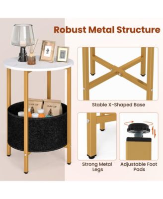 Round 2-Tier End Table with Removable Fabric Basket and Metal Frame, 17.5 in