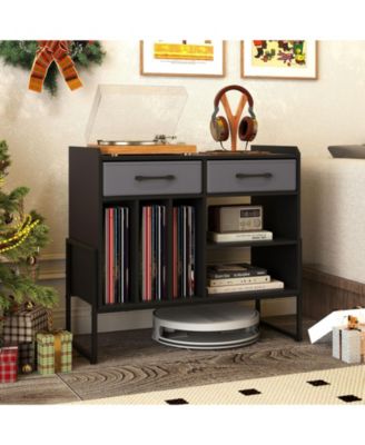 Large Mid-Century Record Player Stand with Charging Station and Vinyl Cabinet, 30 x 14 x 27 in