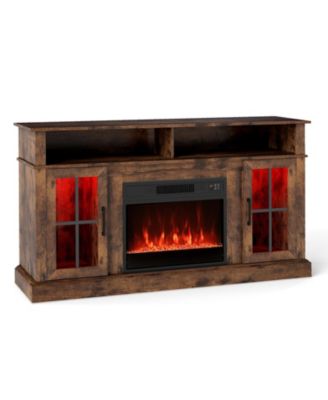 58 Inch Fireplace TV Stand with LED Lights with Storage Cabinets and Glass Doors-Rustic