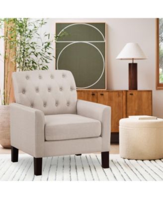 Classic Button-Tufted Linen Accent Chair with Solid Wood Legs