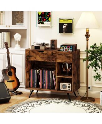 Record Player Stand with Power Outlet and Vinyl Storage Cubby, 31.5 x 16 x 31 in