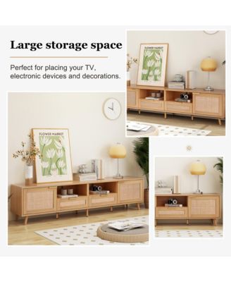 Rattan TV Stand for TVs , Media Console, Entertainment Center with 2 Drawers, 2- Open Shelves and Storage Cabinet for Living Room