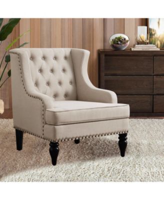 Vintage Button-Tufted Linen Accent Chair with Nailhead Trim, Plush Seat and Solid Wood Legs