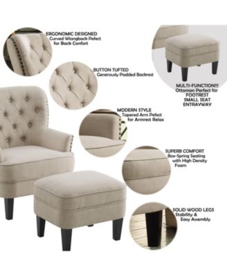 Vintage Button-Tufted Velvet Chair and Ottoman Set with Nailhead Trim and Solid Wood Legs