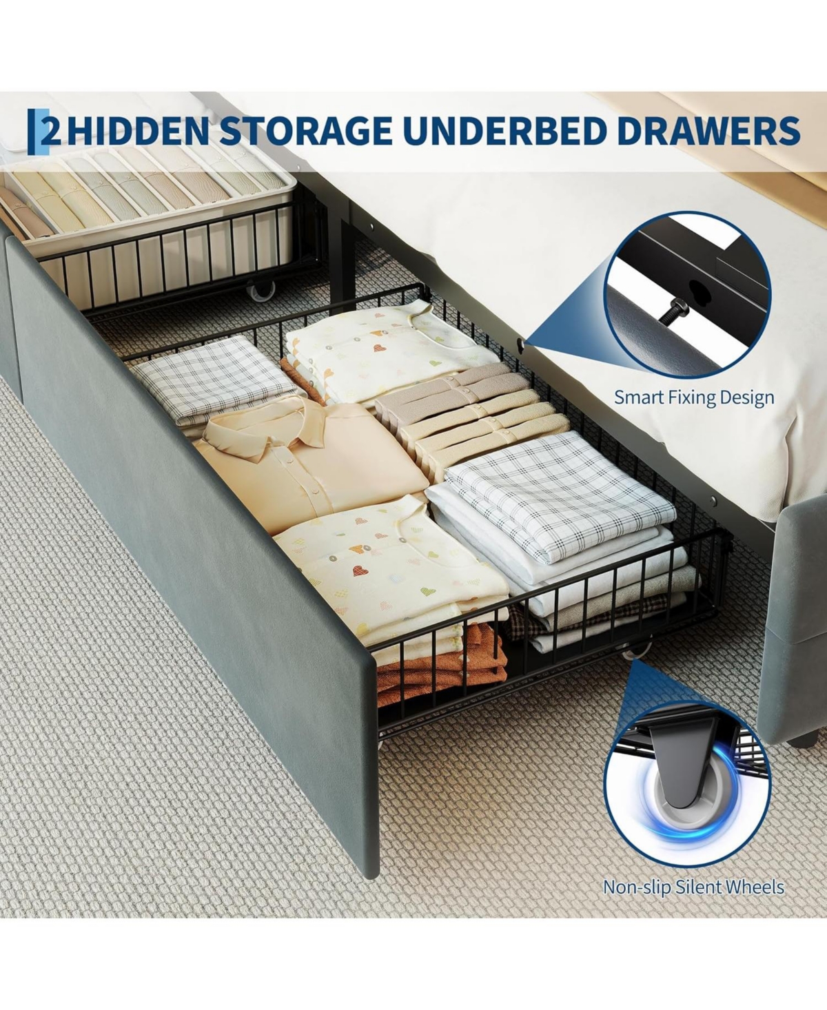 gaomon Full Bed Frame with 2 Storage Drawers, Upholstered Led Light