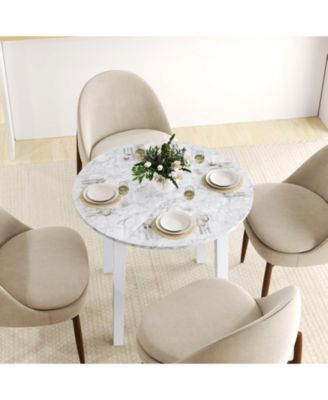 35 in Round Marble-Textured Dining Table with Rubber Wood Legs