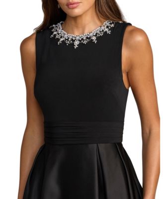 Women's Pearl-Embellished High-Neck Sleeveless A-Line Evening Gown