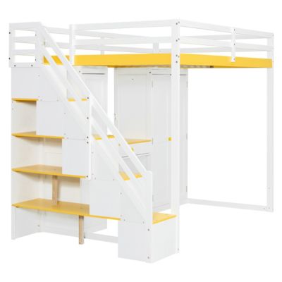 Loft Bed w/Storage Stairs, Vanity, Wardrobe, USB/Lights