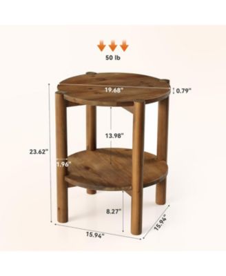 2-Tier Solid Wood Round Side Table, Farmhouse Rustic Nightstand, Small End Table
