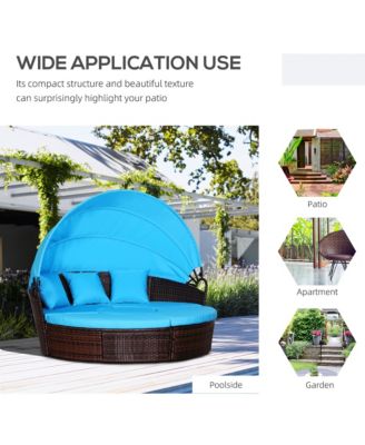 4-Piece Rattan Patio Furniture Set, Round Convertible Daybed or Sunbed with Adjustable Sun Canopy, Sectional Sofa, 2 Chairs, Table, 3 Pillows, Blue