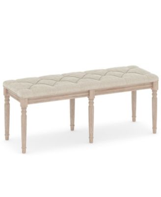 Button-Tufted Upholstered Bench with Carved Rubber Wood Legs