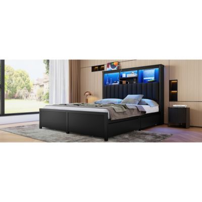 King Bed Frame w/ Storage Headboard, LED, Charging, 4 Drawers, Metal
