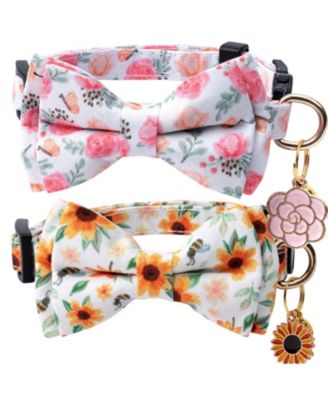 2 Pack Cotton Cat Collars with Bow Tie Bell Adjustable Breakaway Whale Flamingo Patterns for Spring Summer Male Female