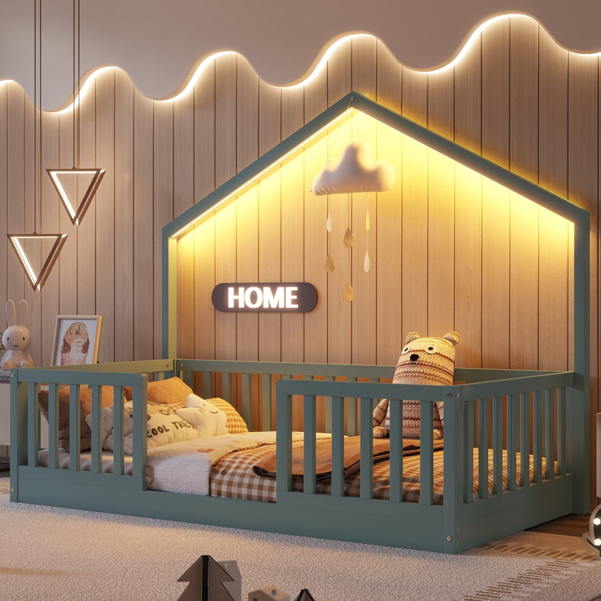 Streamdale Furniture Wooden Montessori Floor Bed with High Rails and Light