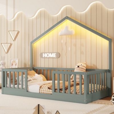 Wooden Montessori Floor Bed with High Rails and Light
