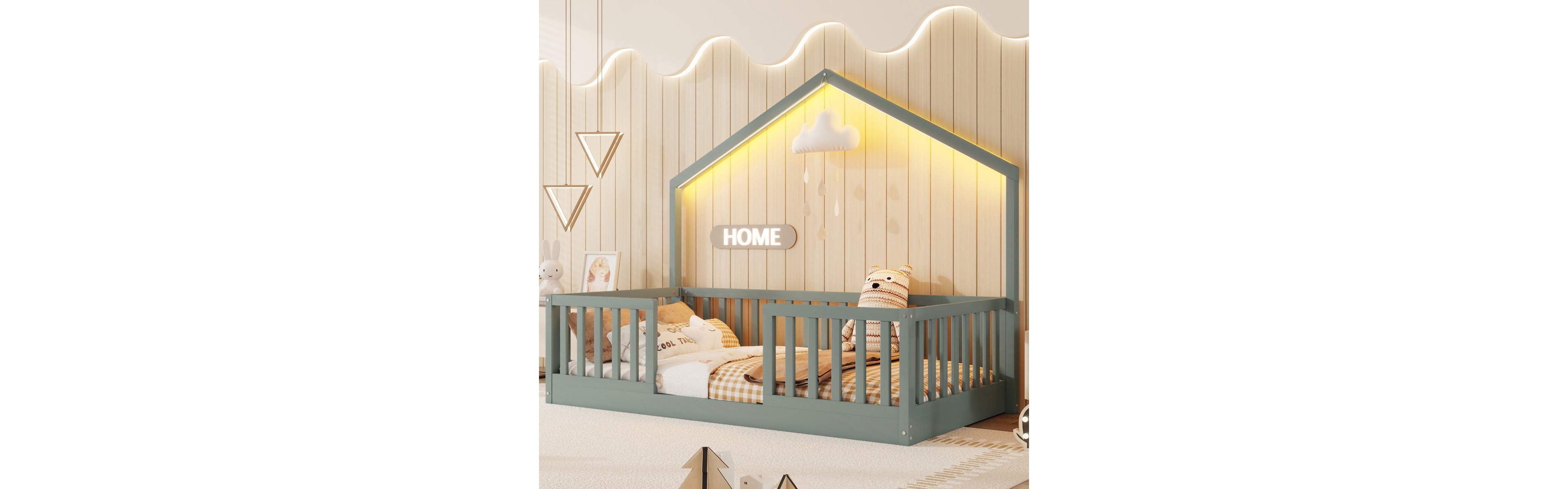 Streamdale Furniture Wooden Montessori Floor Bed with High Rails and Light
