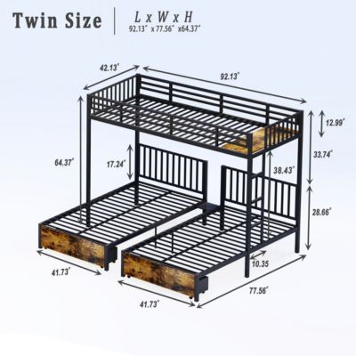 Metal Triple Bunk Bed, Separates to 3 Twins