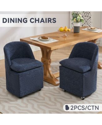 Chenille Upholstered Rolling Dining Chairs Set of 2 with Universal Wheels and Curved Backrest, Suitable for Dining Room and Living Room
