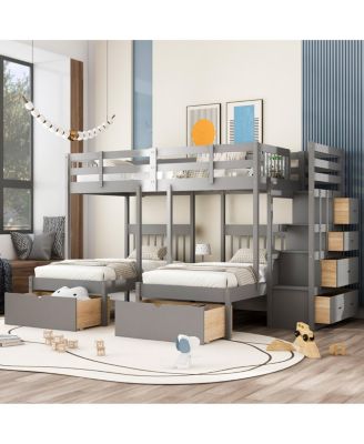 Wood Triple Bunk Bed with Drawers and Guardrails