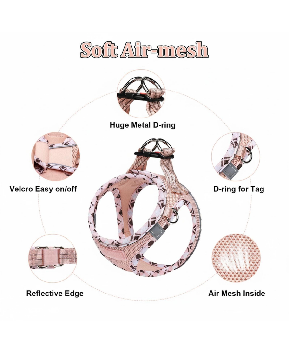 Aronkl Soft Mesh No-Choke Step-In Dog Cat Harness Leash Set Reflective Breathable for Small Pets